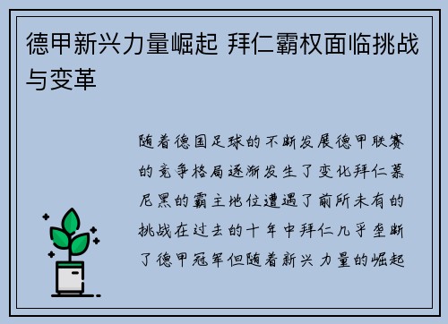 德甲新兴力量崛起 拜仁霸权面临挑战与变革