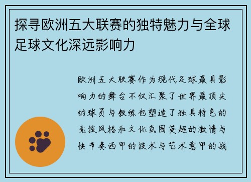 探寻欧洲五大联赛的独特魅力与全球足球文化深远影响力